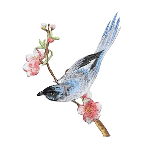 Iron/Sew on Applique Repair Patches, Blue Bird on Plum Branch Patch - color: Blue Bird on Plum Branch