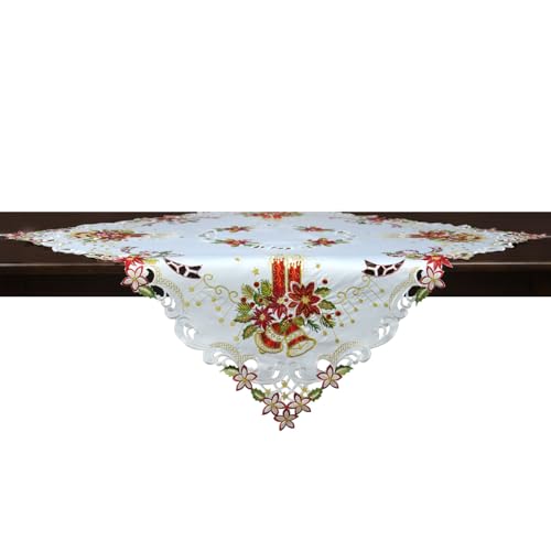 Grelucgo Holiday Tablecloth, White with Red Poinsettia Embroidered Design, Scalloped Edge, Christmas Dining Table Decor (Square 34x34 Inches) - size: 34" x 34" (Square)