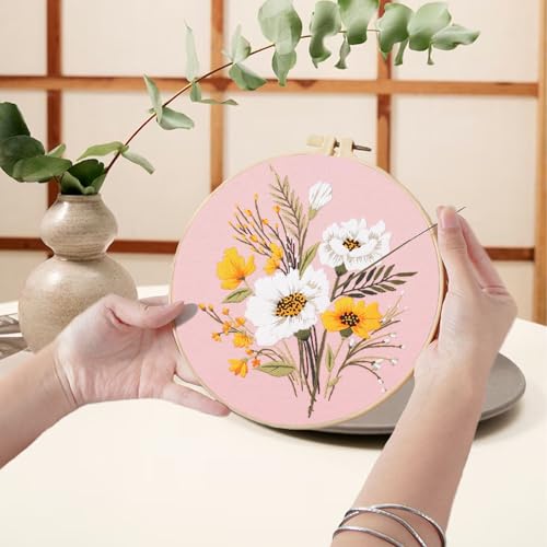 Ohcol 3 Sets Embroidery Kit,Cross Stitch Kits Needlepoint Kits for Adults Beginner,Needle Point Kits with Washable Pre-Printed Floral Pattern,Hoops,Women DIY Hand Crafts - color: Flowers (3 Patterns,1 Hoop+ Extas)