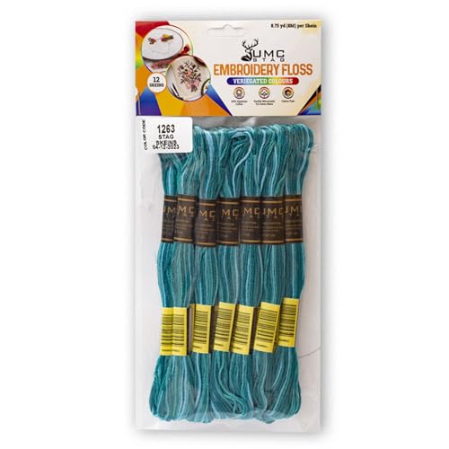 Pack of 12 Premium Embroidery Thread | 100% Egyptian Cotton Premium Skeins | Cross Stitch Embroidery Floss | Oeko TEX Certified | Ideal for Arts & Crafts (Teal Blue Variegated 1263) - color: Teal Blue Variegated 1263
