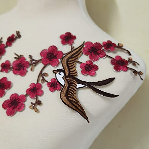 1pair Quince Sakura Flower Embroidery Iron On Applique Patches (Dark Red H) - color: Dark Red H