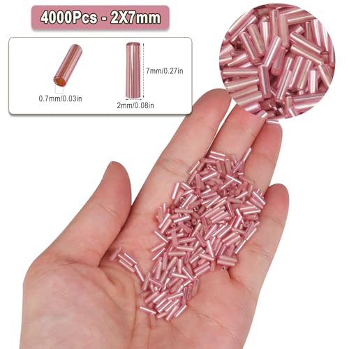 4000pcs Light Pink Bugle Beads Bulk -Embroidery Beads,Long Tube Bead for Jewelry Making, Bracelet Necklaces Supplies,Craft DIY(7x2mm) - color: Light pink