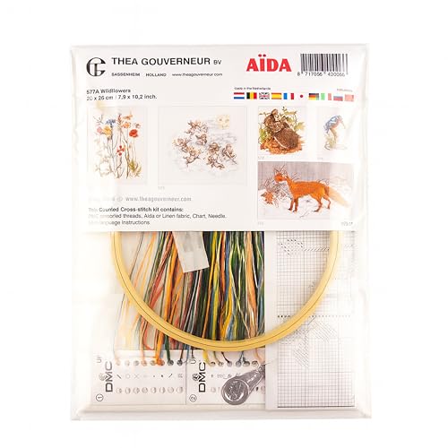 Thea Gouverneur Wildflowers Cross Stitch Kits - Inspirational Crafts for Adults with 16 Count Aida, DMC Threads & Hoop - Create Beautiful Cross Stitch Art - color: 577A Aida