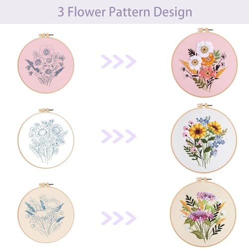 Offizon 3 Sets Embroidery Kit for Beginners Adult DIY Cross Stitches - color: Flower-B (3 Pack)