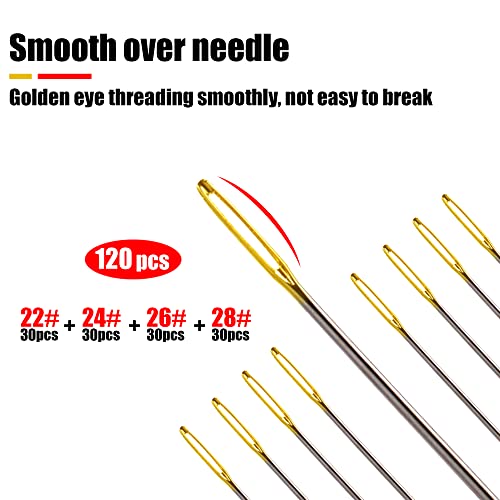 120pcs Cross Stitch Needles +2 Needle Threader Golden Color Large Eyes Cross Stitch DIY Embroidery Hand Needles Sewing Needles in Transparent Box Size 22# 24# 26# 28# - style: 22#+24#+26#+28#