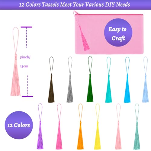 Pink Canvas Zipper Pouch Bulk Makeup Cosmetic Bag with Tassels, 10 Pack