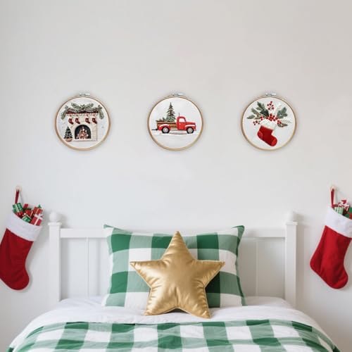 EOBTAIN 3 Pcs Christmas Embroidery Kit for Beginners,Red Christmas Embroidery Kits for Adults,Cross Stitch Kits for Beginners with Pattern, Needles, Threads, Tools,Hand DIY Craft Kits for Adults - color: Red