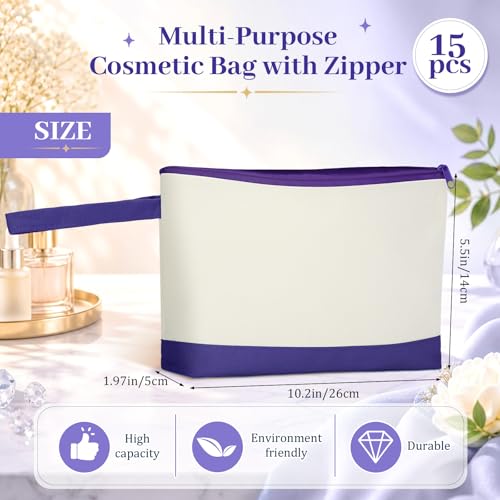 Silkfly 15 Pcs Cotton Canvas Makeup Bags Cosmetic Zipper Bags 10.2 x 5.5 x 2'' Blank DIY Pouch Bulk Pencil Case with Bottom Travel Toiletry Pouch for Women Craft Decor Gift (Beige and Purple) - color: Beige and Purple