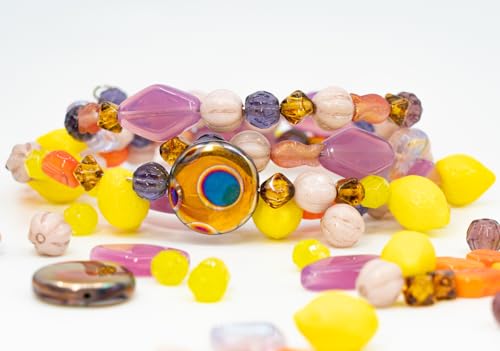 1.4oz (40g) Limited Mix of Czech Glass Beads, Hand Made Set Kit, Pink Rhombus Flowers Yellow Lemon Beads - color: LMIX pink yellow lemon