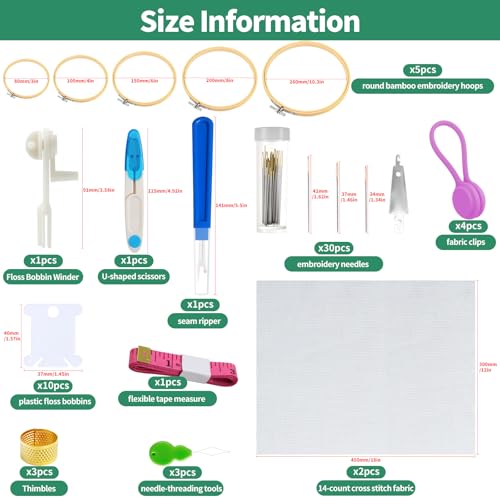 Yauhar 61Pcs Embroidery Kit for Beginners with Needle, Cross Stitch Hoops, 14 Count Aida Cloth, Floss Bobbins, Thread Winder, Thimble, Seam Ripper, Fabric Clips for Craft Embroidery Needlework