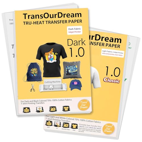TransOurDream Tru-Heat Transfer Paper for Dark and Light Fabric (50+50 Sheets, 8.5x11", Mix Pack) Printable HTV Heat Transfers Vinyl for Inkjet Printers Iron on Transfers for T Shirts - color: Mix-D1L1, size: 100 Sheets