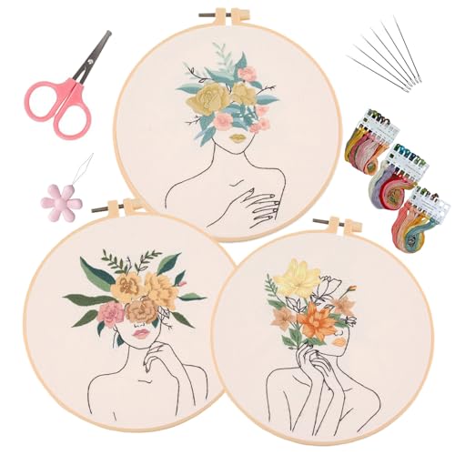 EOBTAIN 3 Pcs Embroidery Kit for Beginners Adults Boho Floral Hand Stamped Embroidery Satrter Kits DIY Cross Stitch Kits with Embroidery Hoop,Needles and Threads,Gifts for Woman at Home Embroidery Kit - color: Girl