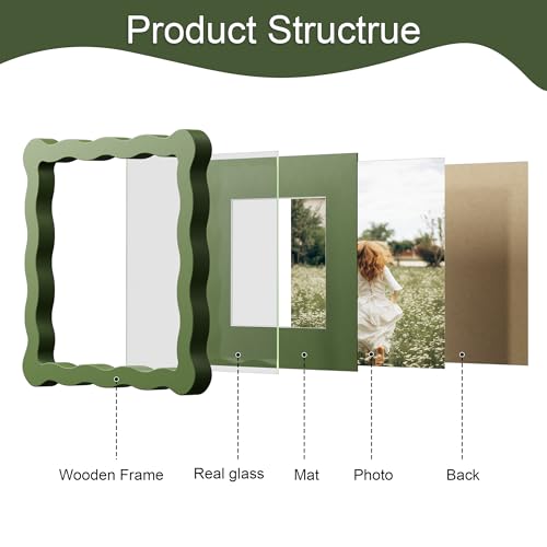 6x6 Picture Frame with Mat for 4x4, Wavy Edge Wooden Real Glass Photo Frame for Tabletop and Wall Hanging, Green, 1 Pack - color: Green, size: 6x6 in