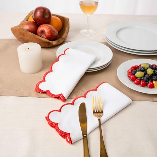 Blue Needles Cotton Scalloped Embroidery Cloth Napkins 17X17Inch - Set of 4 - color: White(edges - Red)