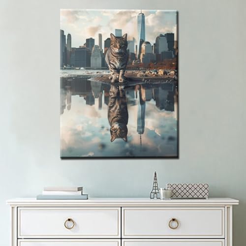 Paint by Numbers Kits DIY Reflection of Animals in Water Acrylic Watercolor Pigment Cat or Lion Oil Paintings Kits Adult Beginner Kids Canvas Artwork Home Living Room Decor 16''W x 20''H（Manual Frame） - color: Art-09, size: 16''Wx20''H(DIY Frame)