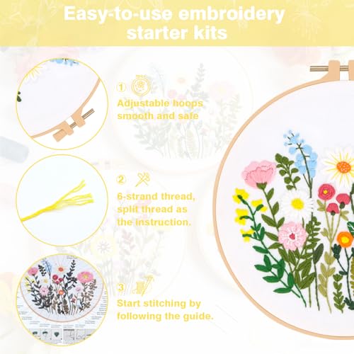 RidaaFri Embroidery Kit for Beginners, Set of 3 Flower Pattern Practice Kit