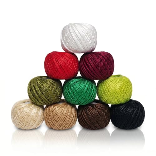 KGS Crochet Thread Cotton Yarn Balls | Size 8 | 10 Balls | 10 Grams Each Ball | Total 100 Grams of Pearl Cotton Thread for Crocheting, Cross Stitch, Needlepoint Hand Embroidery (Classic Christmas) - color: Classic Christmas