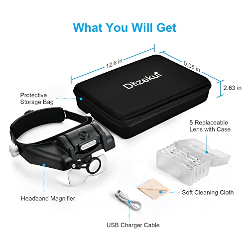 Dilzekui Magnifying Glasses w/Light,1X-14X Rechargeable Headband Magnifier
