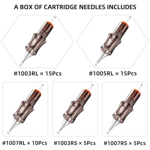50 Assorted Tattoo Cartridge Needles Mixed Size #10 Bugpin Round Liner Shader - 15 Pcs each of 3RL, 5RL - 10 Pcs 7RL - 5 Pcs each of 3RS, 7RS Pro Disposable Membrane Tattoo Needles - size: 50Pcs-1003RL+1005RL+1007RL+1003RS+1007RS