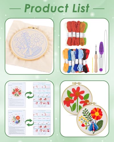 ERKOON Punch Needle Kit Adults Beginners, 2 Pcs DIY Easy Flower Embroidery Set for Starter Art Craft, Needling Punching Project with Patterns, Tools, Yarns, Hoop, Instruction (Safflower) - color: Safflower