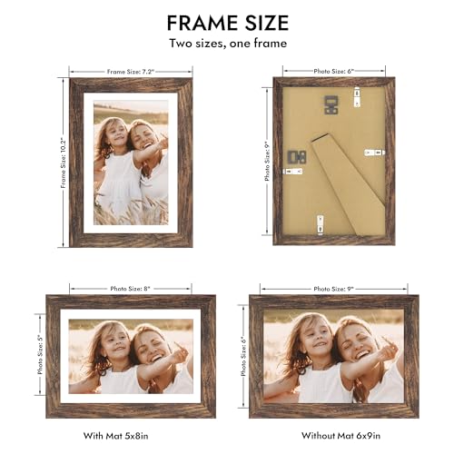Hongkee 6x9 Picture Frame with Real Glass Wood Frame, 1 Pack (with Mat 5x8) - color: Rustic Brown, size: 6X9 in