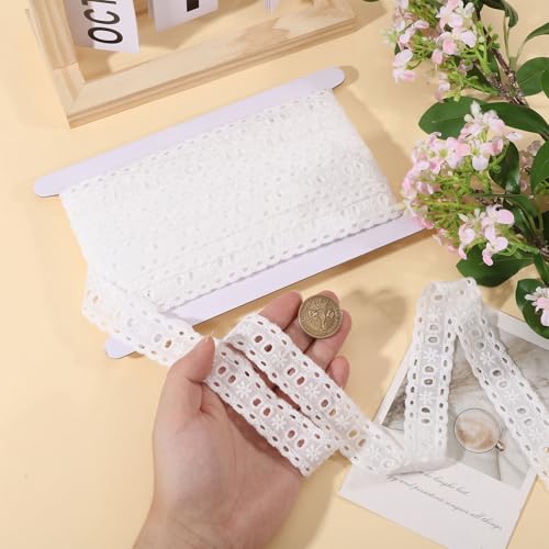 CHGCRAFT 16 Yards White Cotton Eyelet Lace Embroidery Ribbon Edge Floral Cotton Lace Ribbon Embroidery Lace Trim DIY Accessories for Sewing Clothes, 0.75 Inch Wide - size: 0.75 inch