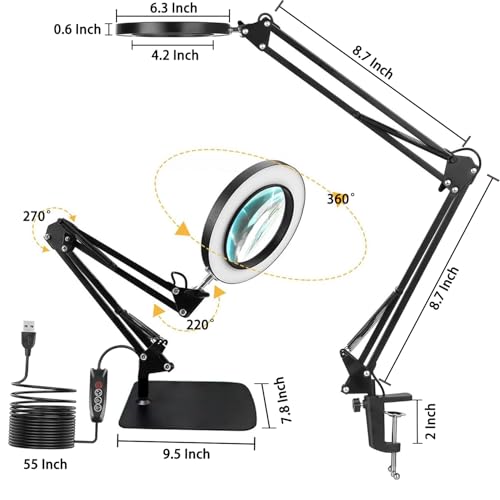 15X Magnifying Glass with Light, Table Lamp with Stand and Clamp, 2-in-1 LED Desk Lamp with Magnifier, 3 Color Modes, 72 LEDs, Real Glass Lens for Close Works, Craft, Hobby, Painting, Reading, Repair