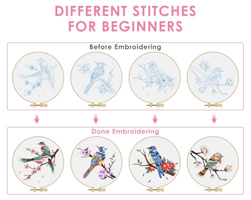 TINDTOP Embroidery Kit for Adults, Flowers and Bird Embroidery Practice Kits for Beginners Adults Include Embroidery Cloth Hoops Threads for Craft Lover Hand Stitch - color: Bird 4 Sets