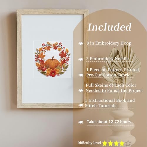 FONNUY Fall Embroidery Kit, Handmade Autumn Wreath Pre-Stamped Pattern for Beginners, Thanksgiving Harvest Home Decor, 8'' Hoop (Pumpkin) - color: Pumpkin