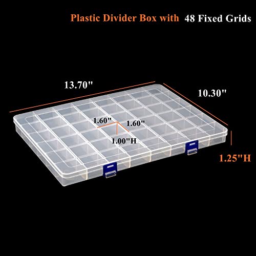 2 Pack Fixed 48 Grids Clear Plastic Divider Storage Box, Transparent Organizer Container Case for Bead, Button, Jewelry, Diamond, Craft, Small Parts, Sewing Kit，DIY Accessories