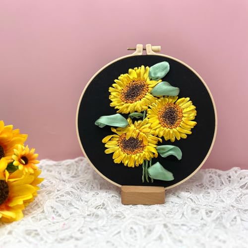FONNUY Ribbon Embroidery 3D Flowers Pattern Design Kit Embroidery DIY Handwork Set Oval Home Decoration (Sunflower) - style: Sunflower