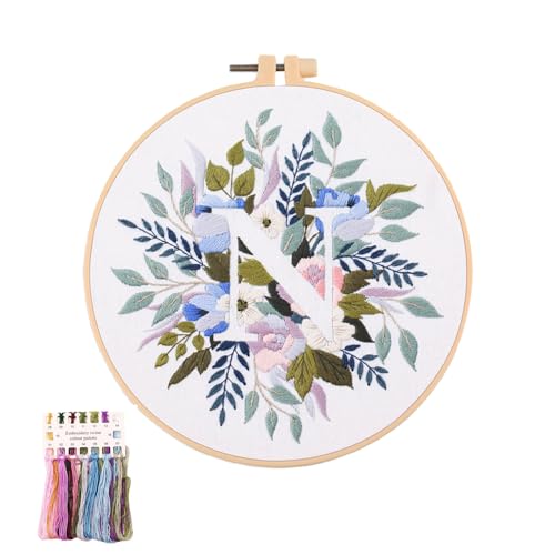 artcici Embroidery Kits Plant Flower Leaf English Letter Patterns for Beginners Adults, Full Range Embroidery Starter Kits Cross Stitch Needlework Supplies (Letter N) - color: Letter N
