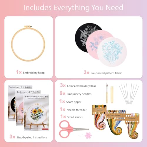 FEIYUENO 3 Sets Flowers Embroidery Kit for Beginner Adults (Floral) - color: Floral