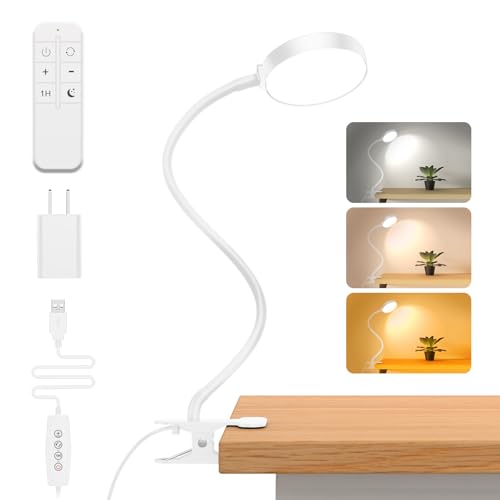 iFalarila Reading Light with Remote, LED Desk Lamp Clip on [1H Timer & Nightlight] RA>95 Dimmable Flexible Gooseneck, Reading Lamp with Clamp for Table - 3.5'' (Adapter Included) - style: 3.5'' White