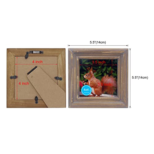 CVHOMEDECO. 4x4 Picture Frame Made of Solid Wood High Definition Glass Rustic Antique Designs Small Photo Frame for Tabletop Display and Wall Mounting, Distress Brown - color: Distress Brown B, size: 4" X 4"