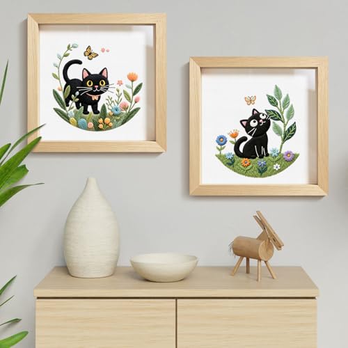 ERKOON Embroidery Kit for Beginners, 2 Set Flower Cross Stitch Set Include Embroidery Cloth Hoops Threads for Craft Lover Hand Stitch with Embroidery Skill Techniques (Cat) - color: Cat