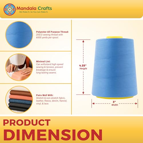 Mandala Crafts 20S/2 Dusty Blue Polyester 4 Pack of Serger Threads Cones - color: Dusty Blue, size: Pack of 4 20S/2 24000 YDs