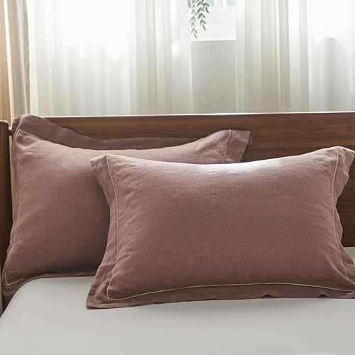 Simple&Opulence 100% French Linen Pillowcases with Embroidery – Pack of 2, Washed Solid Color Natural Flax, Soft & Breathable - Purple, 20'' x 26'' - color: Purple, size: Queen
