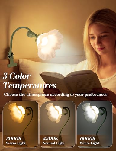 Flower Clip On Desk Lamp for Home and Dorm - Cute Floral Clip On Bedside Book Reading Light, Green Flower Bunk Bed Lighting, Kawaii Led Flexible Gooseneck Table Lamp for Headboard with Clamp - color: Green