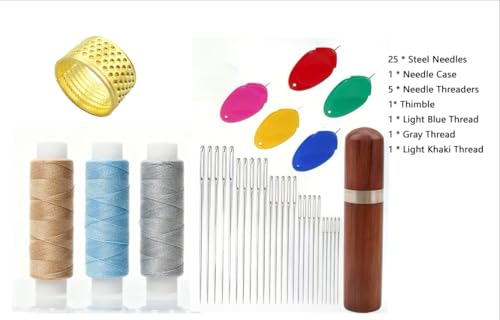 35PCS Large Eye Sewing Needles, Big Eye Steel Needle Set, Stainless Steel Needles for Hand Sewing, Stainless Steel Yarn Knitting Needle with Threader Thimble for Crafts, Repair Quilting