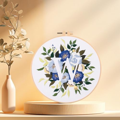 IUHUI Embroidery Kit for Beginners Adults - 26 Floral Letters Easy Patterns, DIY Hand Stitching Embroidery Set with Hoop (Flower and Grass Letter W) - color: Flower and Grass Letter W