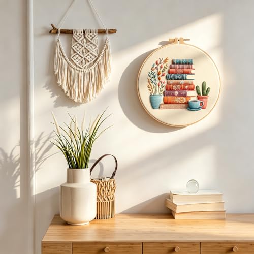 DIY Embroidery Kit for Beginners Adults, Stamped Books, Flowers & Coffee Pattern Embroidery Kit, Cross Stitch Set Include Embroidery Cloth Hoops Threads Needles Instruction, for Home Ofiice DIY Gift