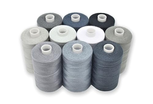 BlesSew Gray Sewing Threads - 10 Large Spools of Polyester Thread for Hand, Quilting & Sewing Machine - Grey Shades Plus Black & White - 1000 Yards Per Spool - color: Gray-Black-White