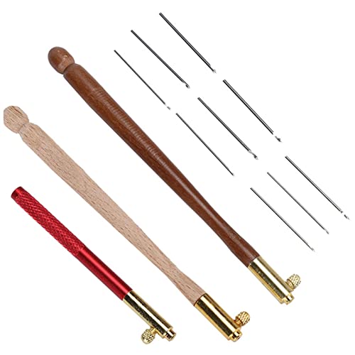 Stainless Steel Tambour Hooks 3Pcs - Wood Handle Embroidery Crochet Hooks Punch Needle with 9 Needles French Tambour Beading Sequins Sewing Craft Tool