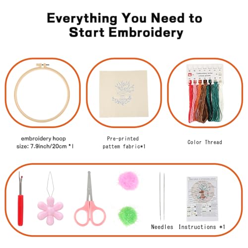 Beginner Deer Embroidery Kit for Adults, Pre-Printed with Video Tutorial - color: Deer