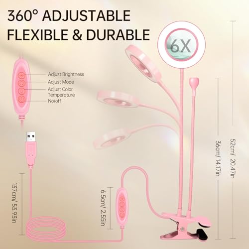 AORAEM LED UV Nail Lamp with Double-Head and 6X Magnifier, Pink - color: Magnifier-Pink
