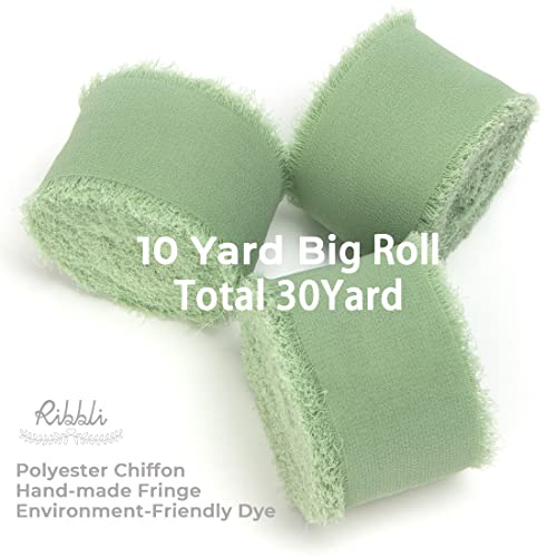Ribbli Sage Green Chiffon Ribbon 1-1/2 inch x 30 Yard Handmade Fringe Chiffon Sage Silk, Sage for Wedding Invitations, Bridal Bouquets Wrapping, Flower Arrangement Decoration - color: Sage Green