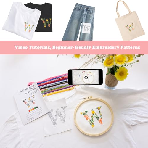 Topapfo Stick and Stitch Letter W Embroidery Patterns Kit for Clothing, Beginners Adults Embroidery Stabilizer Water Soluble for Clothes Jeans T-Shirts Tote Bags - color: W