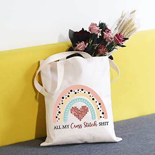 TSOTMO Cross Stitch Lover Gift All My Cross Stitch Shit Boho Rainbow Design Cross Stitch Accessories Tote Bag
