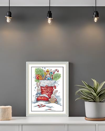 CaptainCrafts Cross Stitch Kits Full Range Stamped Fabric DIY Art Needlecrafts Embroidery Kit for Adults Beginner (Stamped 11CT, Rabbit in The Christmas Boots) - color: Rabbit In The Christmas Boots, size: Stamped 11CT